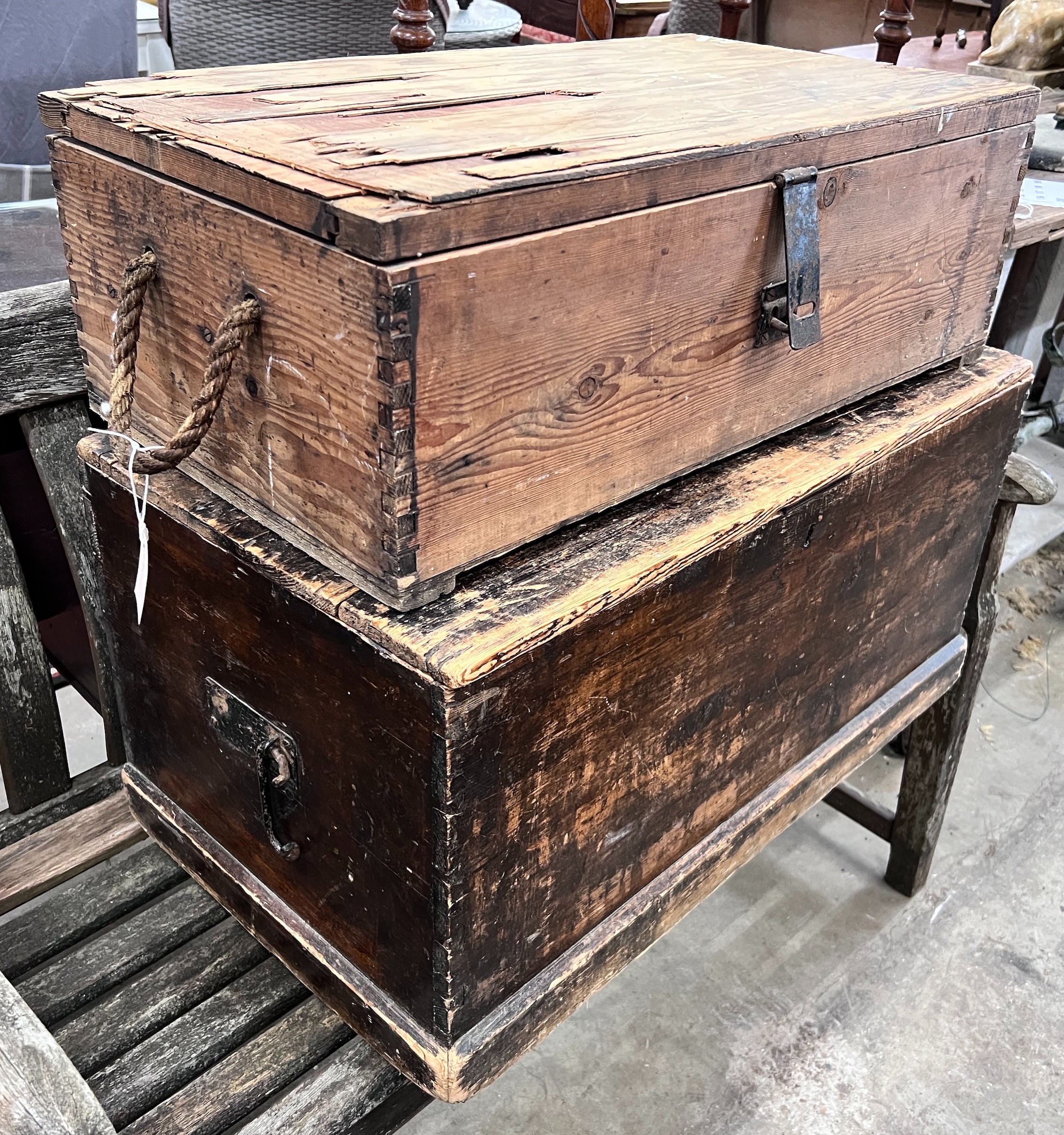 A stained pine trunk, width 77cm and a pine and plywood trunk, width 71cm *Please note the sale commences at 9am.